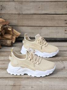 Thick Sole Beige Casual Sports Shoes, Round Toe Lace-Up Knitted Mesh Breathable Flat Light Weight Running Sneakers, All Season