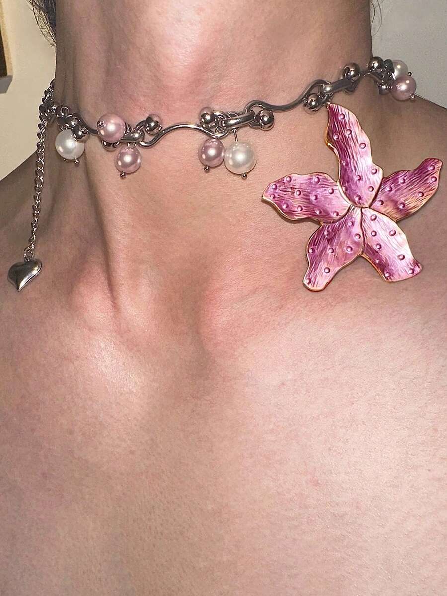 1pc Lilly Flower Pearl Tassel Necklace, Multi-Color Resin & Metal Material, Fashion & Personalized, Suitable For Women Party & Daily Wear - Multicolor - View 1