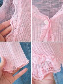 女士蓝色蕾丝边 V 领罩衫，可爱返校夏季披肩轻便外套 - 粉色 - 查看 9