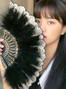 1pc Women's Feather Decor Chinese Style Folding Fan Without Tassel, Stage & Elegant Halloween