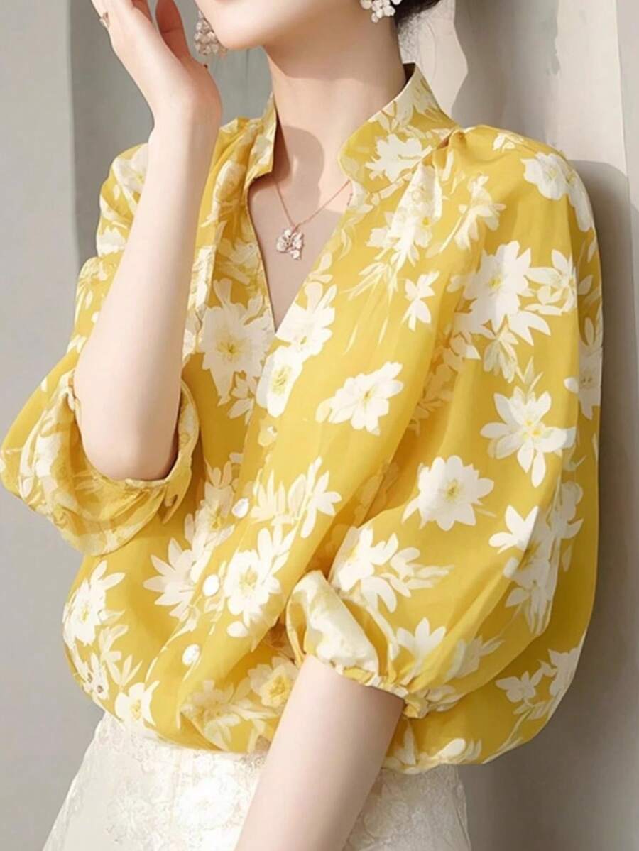 女士法式碎花雪纺短袖衬衫，优雅奢华夏季休闲衬衫，适合购物、旅行 - 黃色 - 查看 1