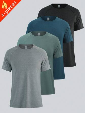 Sommar 4-pack för män Active Quick Dry Crew Neck T-shirts Athletic Löp Gym Träning Kortärmade T-shirts Bulk Elastiskt Andas Hudvänligt tyg Lämpligt för gymmotion Utomhus Löpning Vandring Fiske Fritidskläder dagligen