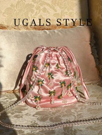 女士派对舞会珍珠花水钻晚礼服丝绸手提包小巧精致抽绳斜挎包，适合派对、婚礼、晚宴/宴会，可搭配婚纱、正装、舞会礼服、生日礼服、女士礼服派对