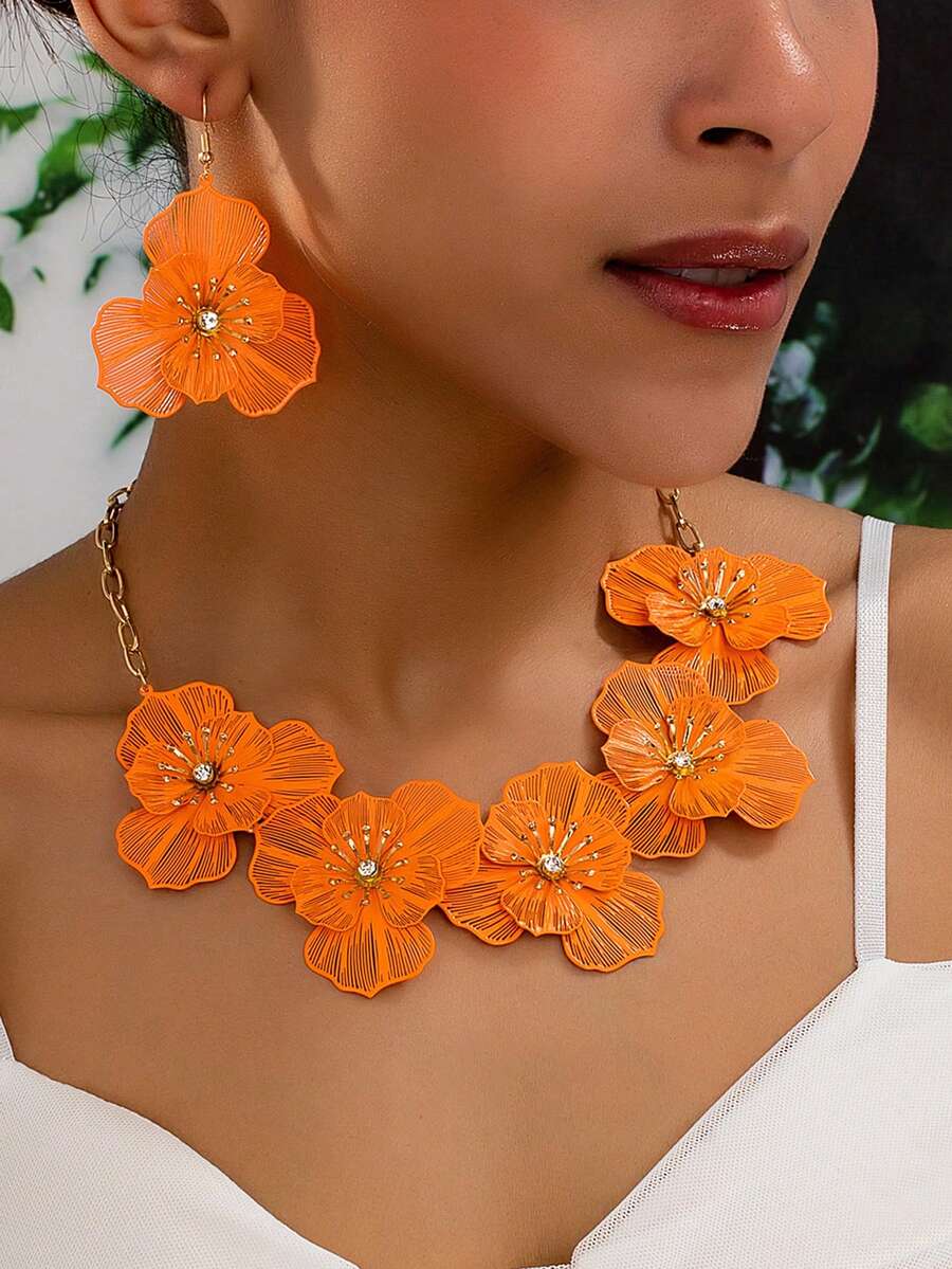 Flower Fashion Hollow Out Personalized Necklace Earring Set - Orange - View 1