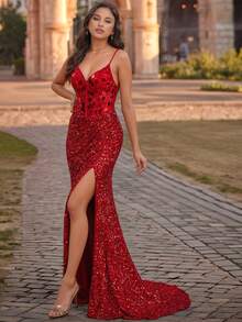 Vestidos largos de fiesta de estilo sirena con abertura alta, de lujo, con cristal de vidrio, con tirantes finos y espalda cruzada, vestido de fiesta formal elegante para invitados de boda - Burdeos - Ver 9