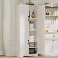 Huisuilinss 60" Tall Pantry Cabinet,Kitchen Pantry Storage Cabinets With 2 Door And 3 Adjustable Shelves, White Wood Pantry Storage Cabinet, Cupboard For Kitchen, Dining Room, Living Room And Bathroom - White - View 2
