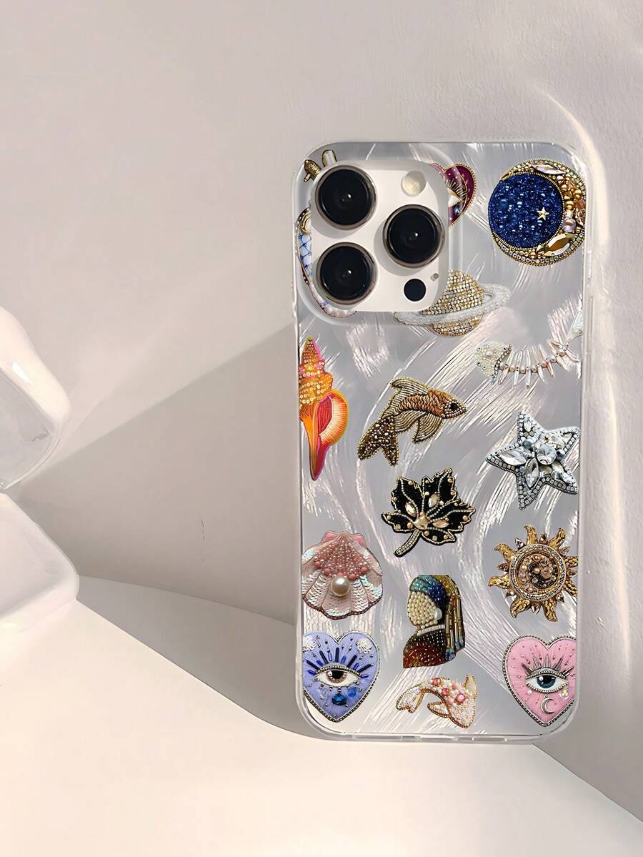 1pc Fashionable & Personalized Starfish, Sun, Moon, Maple Leaf, Fish, Heart Elements Design Waterproof, Fingerprint & Scratch-Resistant Transparent IMD Soft Glossy Smooth Phone Case - Multicolor - View 1