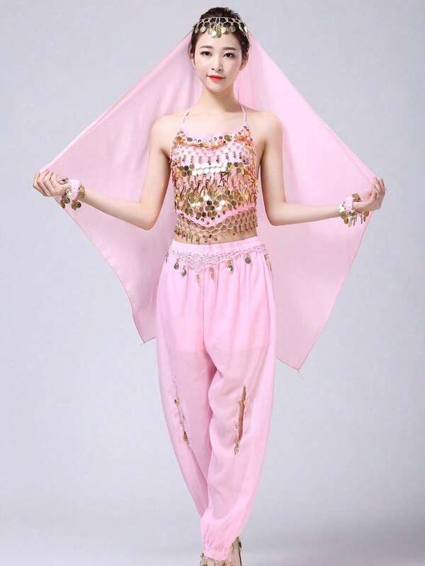 Women's Shiny Belly Dance Costume Set With Sequin Top, Harem Pants, And Headscarf, Suitable For Halloween, Carnival Party, Stage Performance