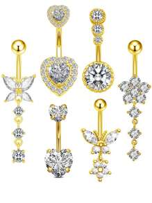 6pcs Stainless Steel Body Piercing Kit, With Flower, Butterfly, Heart Shaped Cubic Zirconia Navel Rings For Women