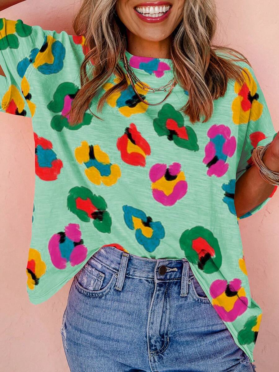 Oversized Colorful Leopard & Floral Print Loose Dropped Shoulder Short Sleeve T-Shirt, Summer - Multicolor - View 1