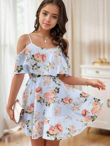 Kilottor Tween Girls' Floral Print Off-Shoulder Ruffle Hem Dress, Spring/Summer - Blue - View 3