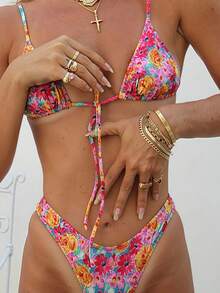 Swimsuits For WomanTwo-Piece Bikini Set 2026 Spring/Summer New Women's Red Strappy Backless Swimsuit Set, Colorful Print Bathing Suits, Sweet And Cute, High-Waisted Thong Colorful Printed Swim Trunks
