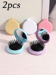 2 件装带镜子的折叠发梳，适合普通发质 - 便携式迷你按摩梳，带软塑料刷毛 - 可爱卡通设计气垫发刷，气垫梳，适合日常携带，便携，适合随时使用，旅行，化妆补妆，礼物