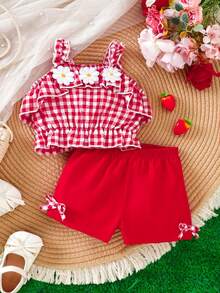Set di top a canotta a quadri carino e pantaloncini con fiocco per neonate, adatto per uso esterno in primavera/estate - Rosso - Visualizzare 1