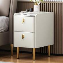 Bedside Table Minimalist Modern Bedside Table With Double Drawers, Leather Finish, Suitable For Bedroom - Beige - View 8