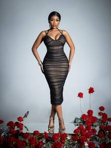 Elegant Midi Dress With Spaghetti Straps | Spring-Summer Formal & Casual Wear | Perfect For Wedding Receptions, Date Nights, Nightclubs, Evening Galas, Party Dress, For Cocktail