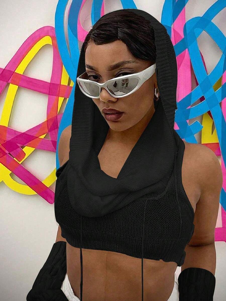 European And American Style Fashion Hooded Sleeveless Cropped Solid Color Knit Sweater For Spring & Autumn - Black - View 1