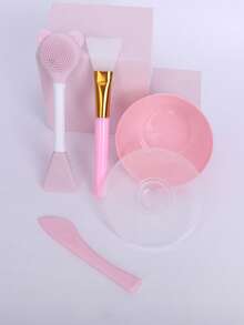 CIMACA 1pc Mask Mixing Bowl With Lid + 1pc Mask Brush + 1pc Handle Silicone Brush + 1pc Multifunctional Double-Headed Brush, DIY Mask Mixing Bowl Set, Makeup Tools, Mask Mixing Tools, Suitable For Travel