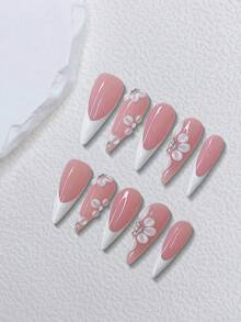 10片白色法式杏仁形优雅美甲贴片，3D花朵水钻装饰假指甲，适合节日和日常佩戴，是送给女性和女孩的绝佳礼物，手工按压式美甲贴片 - 粉色 - 查看 2