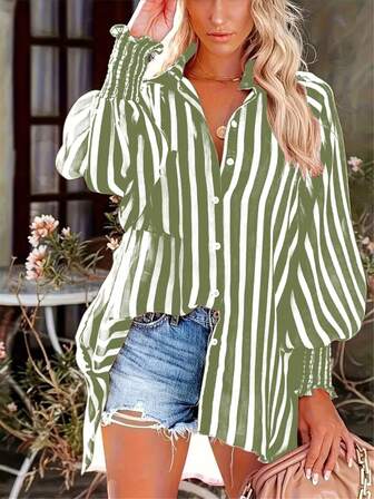 Plus Size Women Striped Washed Vintage Style Loose Button Down Lantern Sleeve Shirt