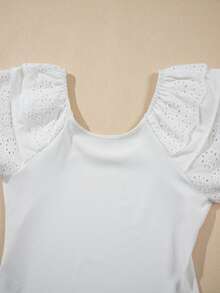 Acelitt Summer White Minimalist Ruffle Sleeve Fitted Top Casual - White - View 7
