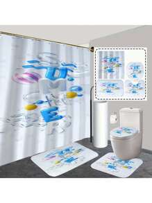 1 Peça/4 Peças Conjunto de Cortina de Chuveiro com Tema de Praia com Letras em Bolhas, com Tapete Antiderrapante, Tampa de Assento Sanitário, Tapete de Banheiro e 12 Ganchos de Plástico - Lavável em Máquina, Decoração de Banheiro em Poliéster Resistente a Manchas, Adequado para Todas as Estações - Acessórios de Banho com Tema Natural de Volta às Aulas
