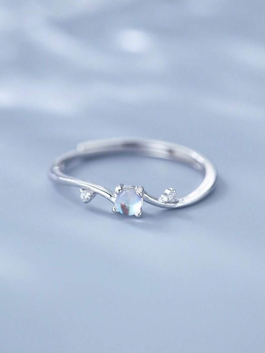 1pc Minimalist Moonstone Open Ring, Niche Design, Fashionable Rhinestone Midi Ring, Luxury And Elegant Hand Accessory - Antique Silver - View 1