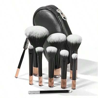 Conjunto de pincéis de maquiagem multifuncionais pretos clássicos de 10 peças, kit de viagem com mini pincéis de maquiagem, conjunto de pincéis de maquiagem portátil Go, itens essenciais de maquiagem completos para aplicação de maquiagem impecável