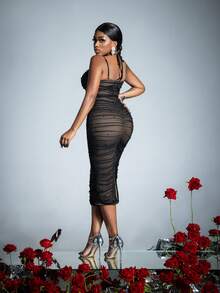 Elegant Midi Dress With Spaghetti Straps | Spring-Summer Formal & Casual Wear | Perfect For Wedding Receptions, Date Nights, Nightclubs, Evening Galas, Party Dress, For Cocktail