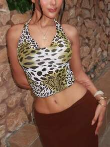 Top ajustado de tirantes finos con estampado de leopardo para mujeres