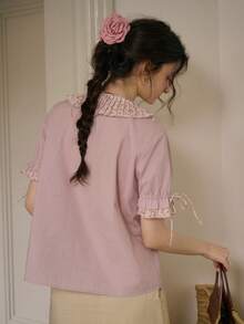 Simple Retro Woven Shirt With Floral Ruffled Collar And Tie - Up Cuffs For Spring And Summer - Purple - View 9