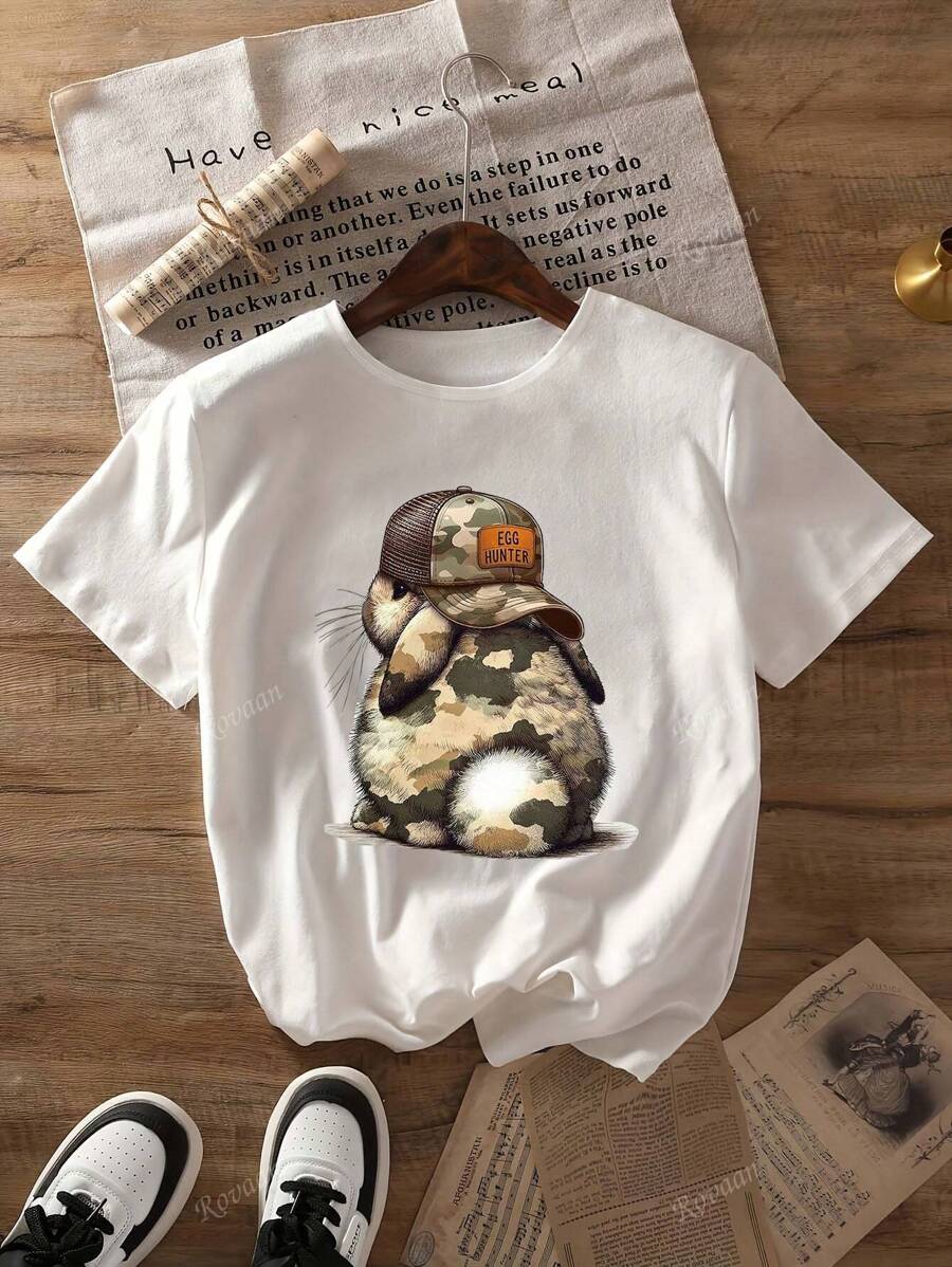 Summer Tops,"Camo Easter Bunny" Boy Rabbit Casual Round Collar Top With Cap,Graphic Tees Women