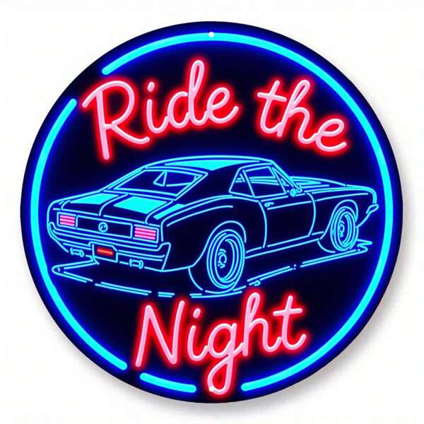 1pc Vintage Muscle Car Logo With "Nightrider" Phrase, Iron Retro Round Wall Art, Decorated With Navy Blue And Bright White, Cool Dynamic Design, Suitable For Bar, Cafe, Beach Villa Decor, 7.87x7.87 Inches