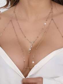 Two Pieces Sexy Rhinestone Chain Decorated Body Jewelry For Women, Fresh And Sweet Chest Chain With Personalized Tassel And Rhinestone Pendant, Sexy Women Steel Body Chain Collarbone Chain, For Rave