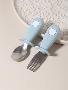 1 Pair Customizable Baby Silicone Stainless Steel Cartoon Panda Fork And Spoon Set, Personalized Eating Utensils With Storage Box, Self-Feeding - Multicolor - View 12