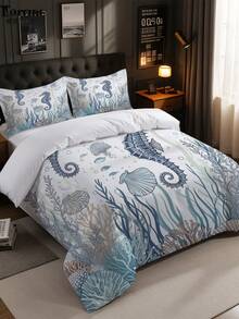 3 Stücke Bettbezug-Set mit Seepferdchen-Motiv (1*Bettbezug + 2*Kissenbezüge, ohne Füllung), mit Seestern- und Korallen-Muster, weich, bequem, atmungsaktiv, langanhaltend, pflegeleicht, knitterfrei, maschinenwaschbar, beugt Sehermüdung vor, geeignet für alle Jahreszeiten, mit Reißverschluss, geeignet für Hotel, Schlafzimmer, Gästezimmer und Studentenwohnheim, allergikerfreundlich, modernes, einfaches Ozean-Thema - Verschiedenfarbig - Übersicht 10