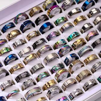 10 件/包夜光不锈钢情侣戒指，朋克嘻哈风格什锦套装，戒指首饰配饰适合派对和日常，OPP 袋随机发货