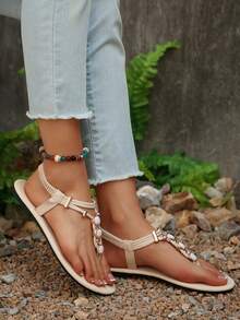 Dép lê nữ thời trang xuân/hè mới, dép xăng đan kiểu La Mã giản dị, thời trang màu đen, be, nâu, dép đi biển thoải mái dệt màu trơn, dép đế dày được các blogger khuyên dùng, giày đi biển mùa hè, dép lê gót thấp mũi tròn khóa cài thanh lịch, dép ngoài trời đơn giản bằng da chống mùi, chống trơn trượt, trang trí hạt cườm, dép đế bằng đa năng cho nữ, dép xỏ ngón. - Màu be - Xem 5