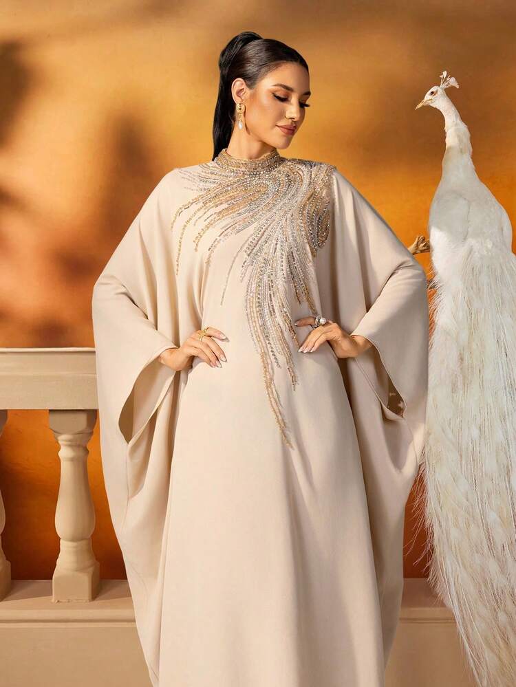 champagne kaftan dress Kaftan Dress - Wedding Guest & High-End Resort - Crystal Beadwork 3/4 Bell Sleeves - Premium Crinkled Metallic Shimmer - US 0-2