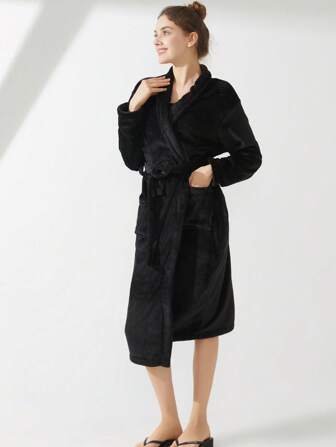 1pc Women Soft Flannel Robe, Comfortable Sleepwear For Bedroom, Bathroom, Pool Back To School