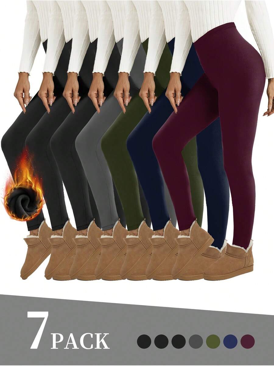 7-Pack Women's Fleece Lined Leggings - Ultra Soft, Stretchy, And Warm Full-Length Yoga Pants - Fleece Lining, Assorted Colors & Sizes - For Winter Hiking, Running, & Activewear - Perfect Gift For Women - Mixed Color-b - View 1