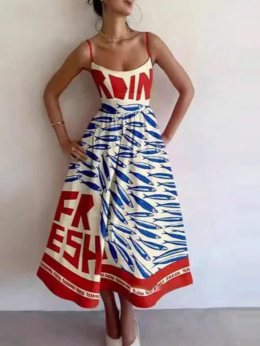 女士休闲鱼和字母印花长吊带连衣裙，夏季