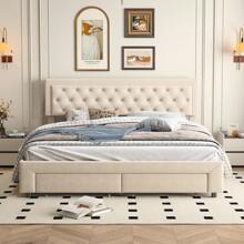 Cama con canapé 160*200 cm con cajones, amplio espacio de almacenaje, cama tapizada con cabecero, somier de láminas, cama adulto, cama juvenil, cama doble, terciopelo beige