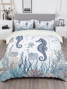 3 Stücke Bettbezug-Set mit Seepferdchen-Motiv (1*Bettbezug + 2*Kissenbezüge, ohne Füllung), mit Seestern- und Korallen-Muster, weich, bequem, atmungsaktiv, langanhaltend, pflegeleicht, knitterfrei, maschinenwaschbar, beugt Sehermüdung vor, geeignet für alle Jahreszeiten, mit Reißverschluss, geeignet für Hotel, Schlafzimmer, Gästezimmer und Studentenwohnheim, allergikerfreundlich, modernes, einfaches Ozean-Thema - Verschiedenfarbig - Übersicht 1