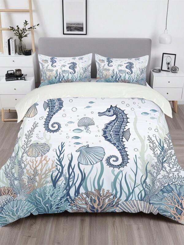 3 Peças Jogo de Capa de Edredom Tema Oceânico com Estampa de Cavalo-Marinho (1*Capa de Edredom + 2*Fronha, Sem Enchimento), Com Estampa de Estrela-Do-Mar e Coral, Macio, Confortável, Respirável, Durável, Fácil de Cuidar, Resistente a Rugas, Lavável em Máquina, Reduz a Fadiga Visual, Adequado para Todas as Estações, Fechamento com Zíper, Adequado para Decoração de Roupa de Cama em Hotel, Quarto, Quarto de Hóspedes e Dormitório, Hipoalergênico, Moda Moderna Simples, Tema Oceânico