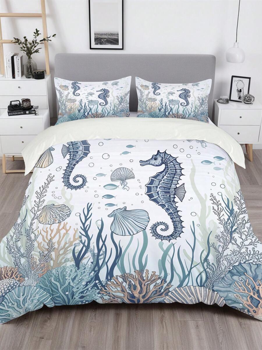 3 Stücke Bettbezug-Set mit Seepferdchen-Motiv (1*Bettbezug + 2*Kissenbezüge, ohne Füllung), mit Seestern- und Korallen-Muster, weich, bequem, atmungsaktiv, langanhaltend, pflegeleicht, knitterfrei, maschinenwaschbar, beugt Sehermüdung vor, geeignet für alle Jahreszeiten, mit Reißverschluss, geeignet für Hotel, Schlafzimmer, Gästezimmer und Studentenwohnheim, allergikerfreundlich, modernes, einfaches Ozean-Thema - Verschiedenfarbig - Übersicht 1