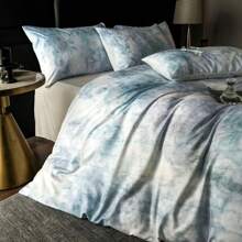 4 pièces Set de literie en coton lavé imprimé numériquement, motif jacquard, style luxueux (1 pièce housse de couette imprimée, 1 pièce drap plat de couleur unie, 2 taies d'oreiller imprimées), motif minimaliste, convient pour lit Queen/Twin/Full, doux, respirant, réversible, pour toutes les saisons, lavable en machine