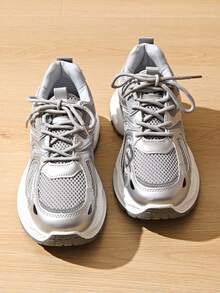 Women's Chunky Sneakers, Casual Sports Shoes, Mesh Breathable Platform Shoes, Fashion Versatile Comfortable Fit, Lightweight, Soft Sole, Shock Absorbing, Non-Slip, Moisture-Wicking Design, - Silver - View 2