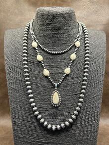 1 Set Fashionable Vintage Western Style Faux Pearl CCB Beaded 3 Layer Necklace, Pink/Black/Red/Blue/White/Yellow Waterdrop Pendant Chain For Women, Suitable For Daily Outfit, Party, Jewelry, Gift For Family/Friends/Yourself - Country Western Style - View 16