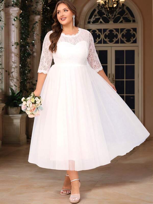 Damen Übergrössen Blumen Spitze Mesh Kurven Hochzeitskleid, Verlobungsfeier, Brautparty, Cocktailparty, Empfang, Junggesellenabschied, Anprobe, Große Größen